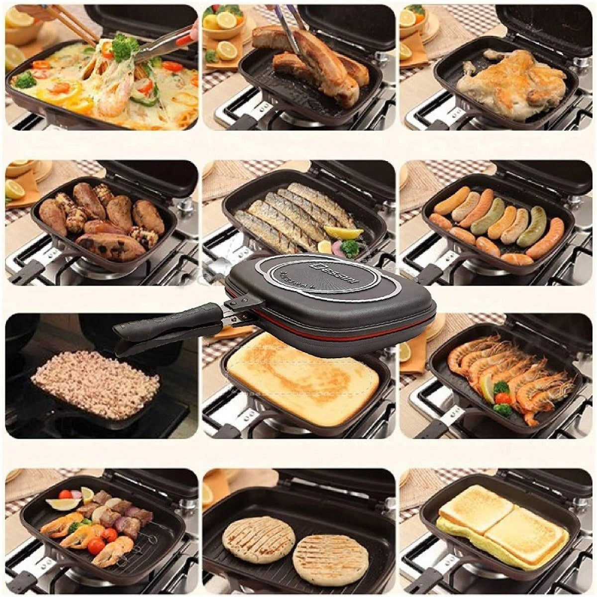Sartén Doble Parrilla Antiadherente-  Cocina Más Rápido y Sin Desorden🍳🥘